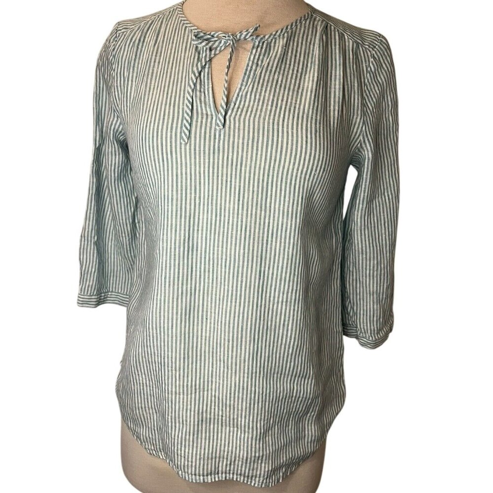 J. Jill Women's Blouse Size XS Petite Blue & White pin stripe 3/4 Sleeve Linen
